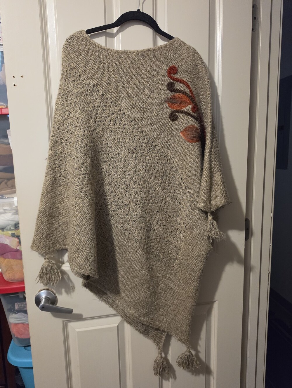 Max Edition Beige Knit Poncho with Orange and Brown Leaf Accents